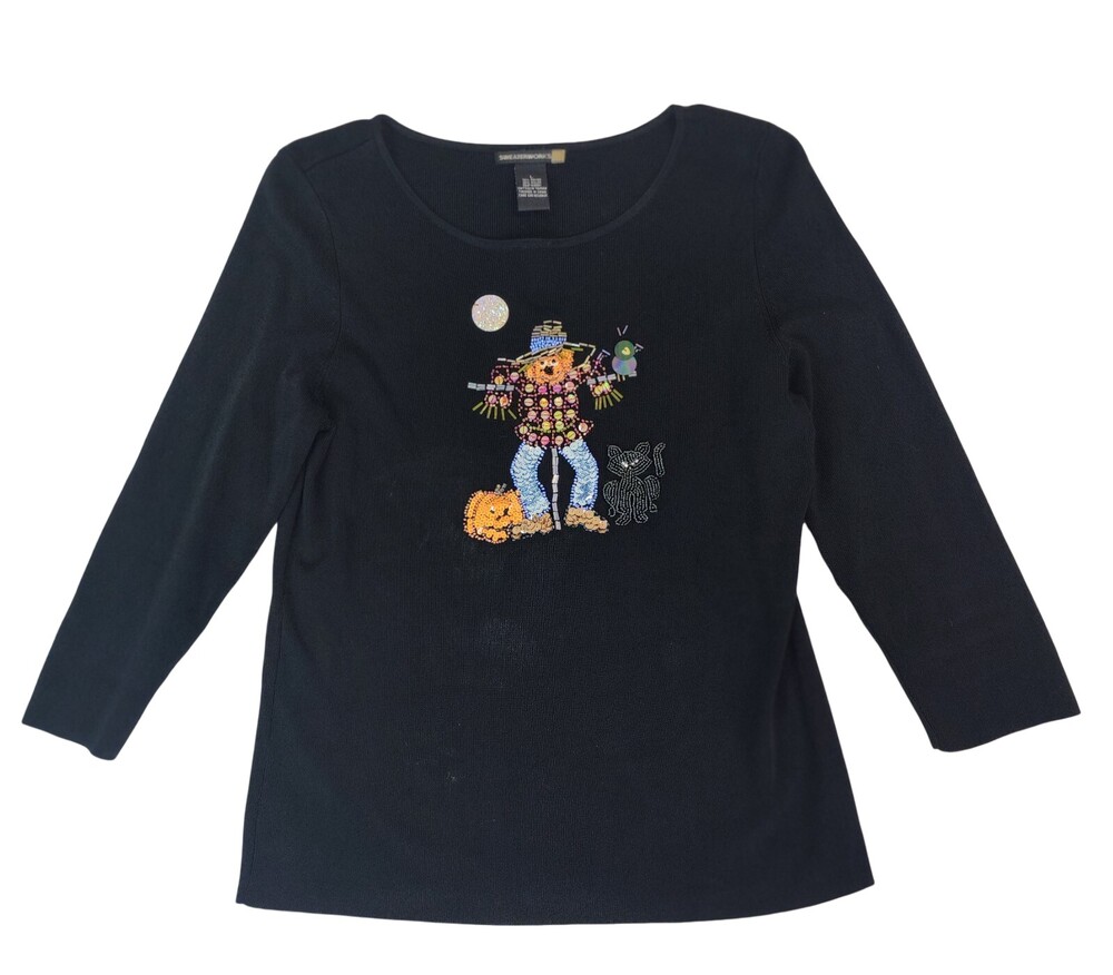 Sweaterworks Womens T-Shirt Large Halloween Sequin Scarecrow Black Knit #1953